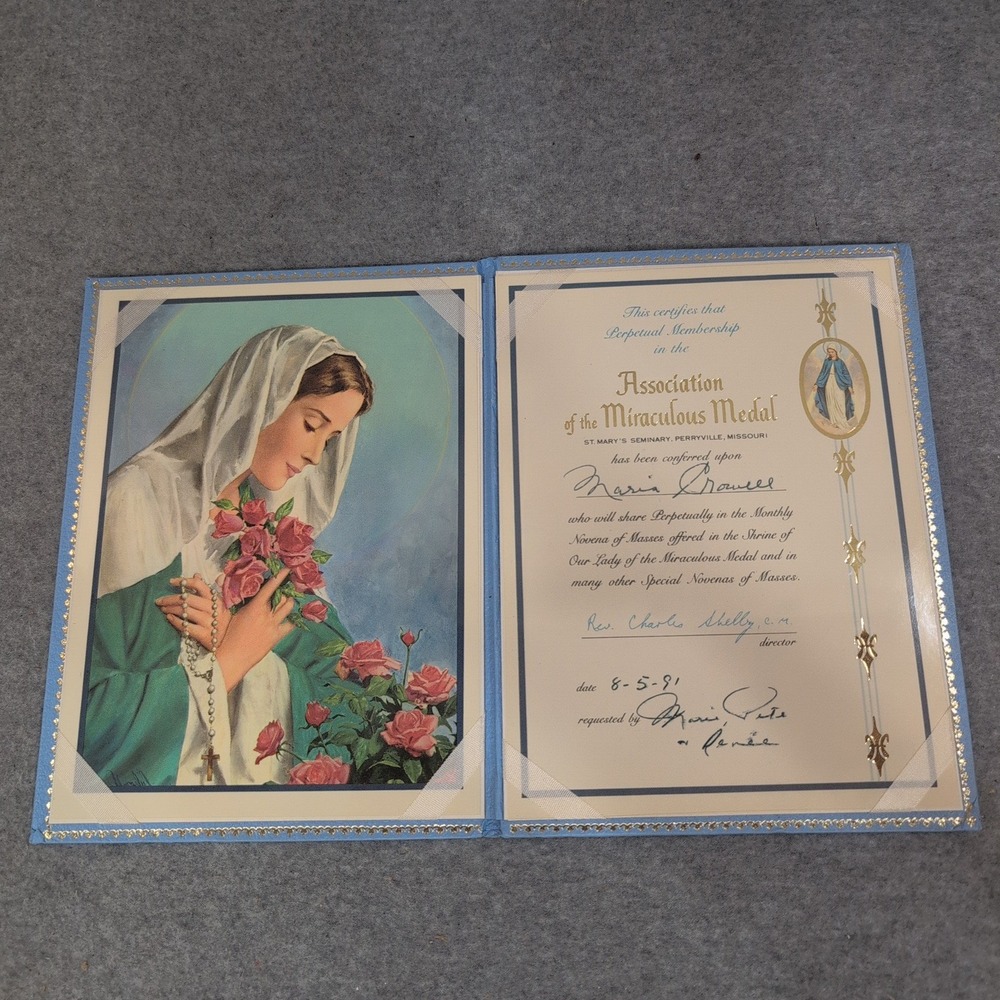 Association of the Miraculous Medal Perpetual Membership Certificate 1991 Blue - Picture 1 of 3